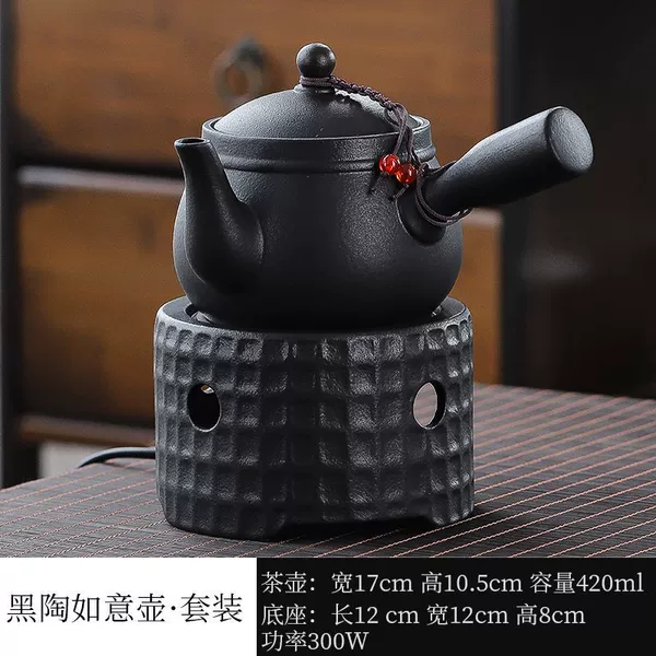 Black pottery Ruyi pot black square grid+electric ceramic furnace suit
