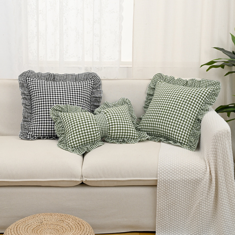 French Plaid Ruffled Pillow Ins Fresh Style Modern Square Pillow Waist Pillow Cushion Sofa Bedroom Pillow Backrest