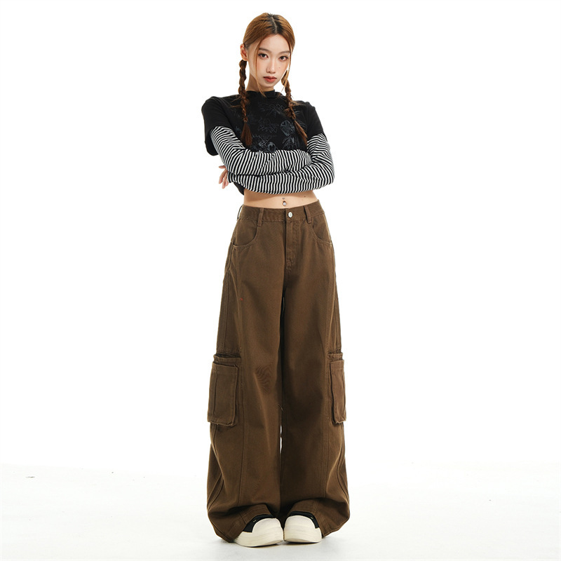 咖色中腰工装牛仔裤女2025年秋季新款宽松显瘦多口袋休闲阔腿裤子|undefined