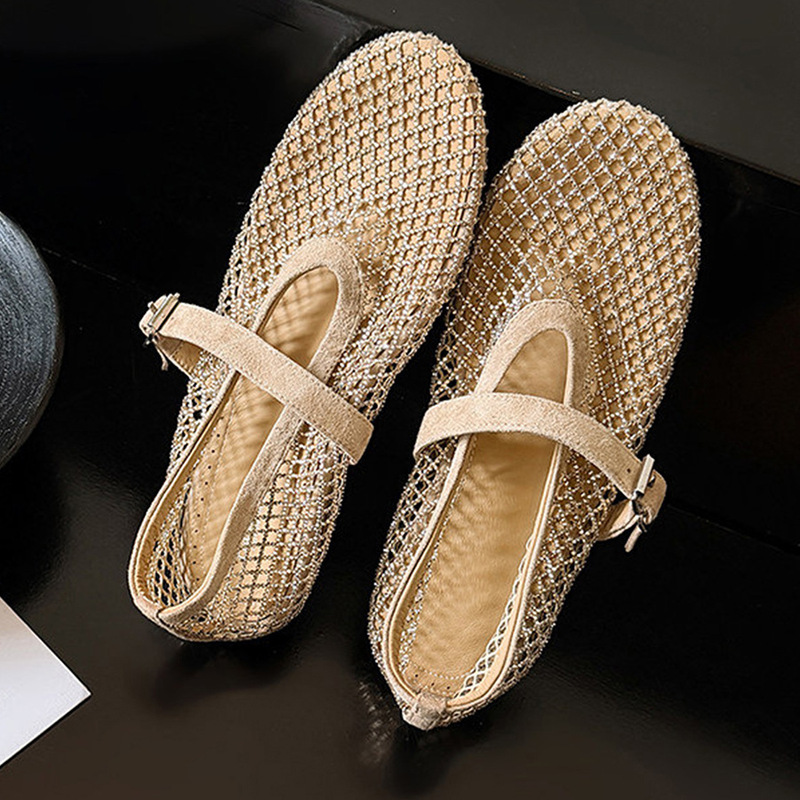 Mary Jane ballet shoes, fully embellished with rhinestones, French style, milk tea apricot color, mesh rhinestone fishnet shoes, women's flat sandals, French style Mary Jane ballet shoes, fully embellished with rhinestones, French style, milk tea apricot color, mesh rhinestone fishnet shoes, women's flat sandals, French style