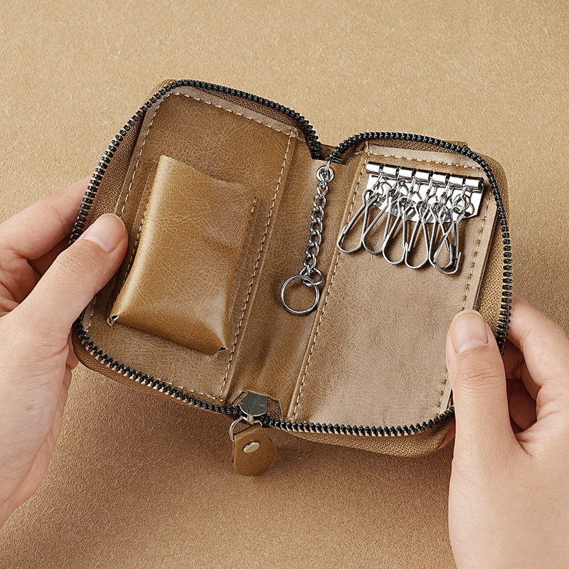 Retro Key Bag Men's Leather Large-Capacity Zipper Key Storage Bag Creative Multi-Functional Car Pu Key Bag