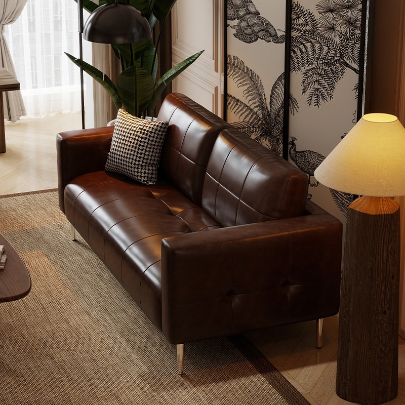 Vintage leather sofa, suitable for small apartments, Italian-style living room, rental property, reception area, vintage straight-line sofa, three-seater