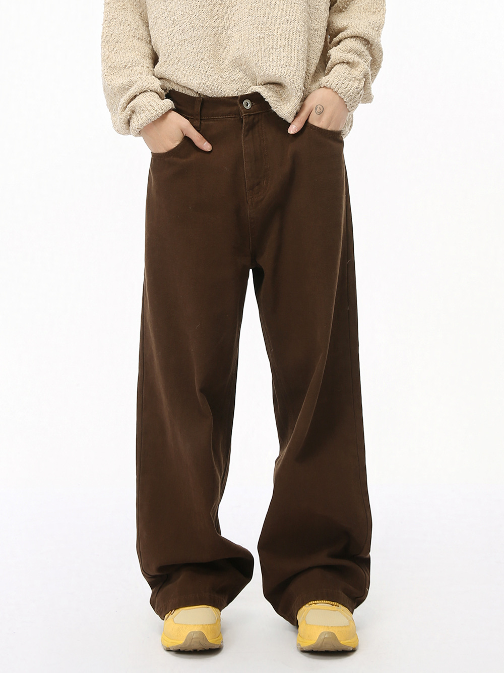 MTLCLOTHES Hombres| Clásico básico vibe simple cintura elástica marrón oscuro jeans lavable