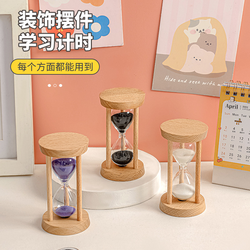 Creativo 5 minutos de tres columnas de madera redonda reloj de arena temporizador sala de estar de escritorio decoración del hogar regalo de los niños