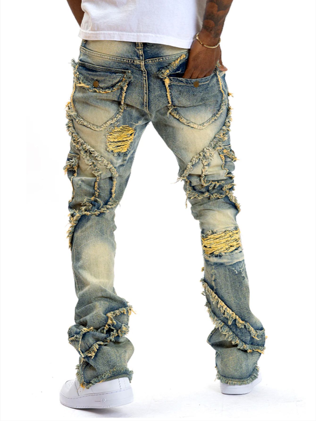 Men's Flared Jeans With Fringe Details And Perforated Design_voghion.com