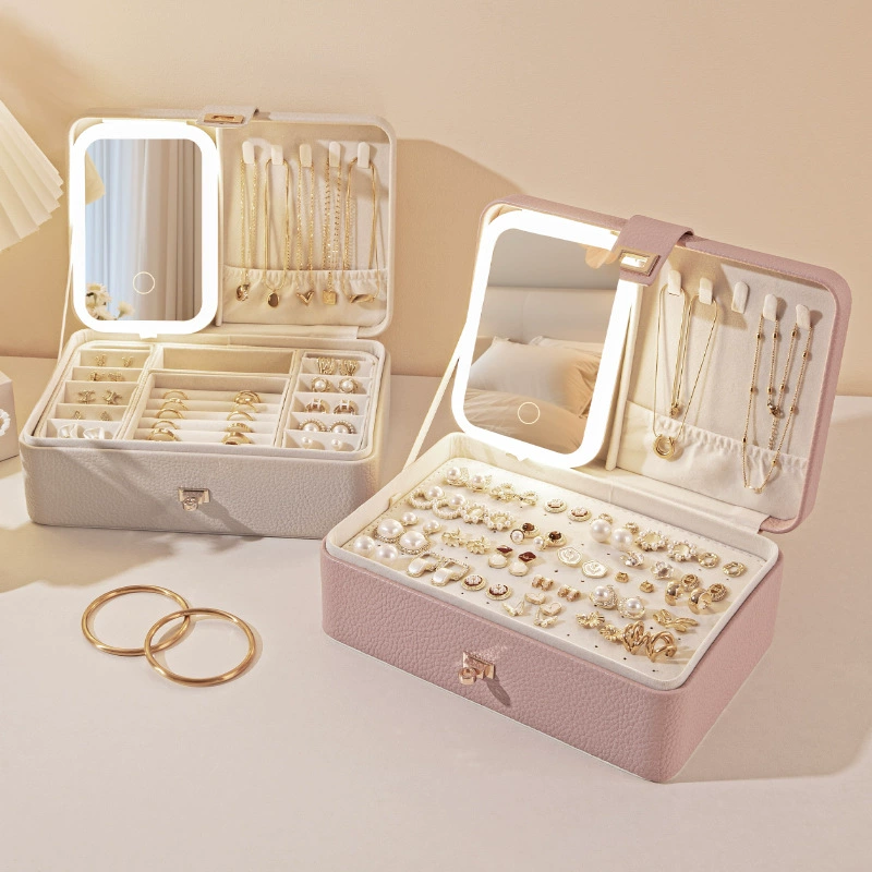 Новый светодиодный трехслойный свет личи кожаная ювелирная коробка серьги серьги серьги косметическое кольцо ювелирные изделия премиум-класса ювелирная коробка