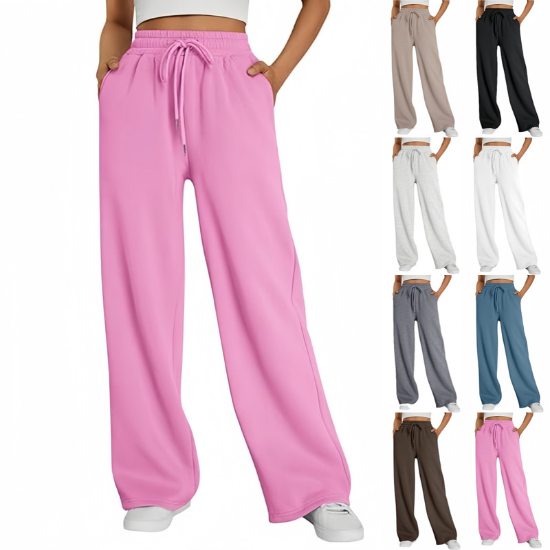Amazon Cross-border Foreign Trade Women's Wide-leg Sports Pants High Waist Loose Casual Drawstring Jogging Pants with Pocket Sweatpants