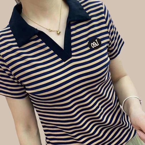 Short-sleeved T-shirt, women's spring and summer loose large size, women's polo shirt, middle-aged mother's casual all-matching top, women's trendy lapel