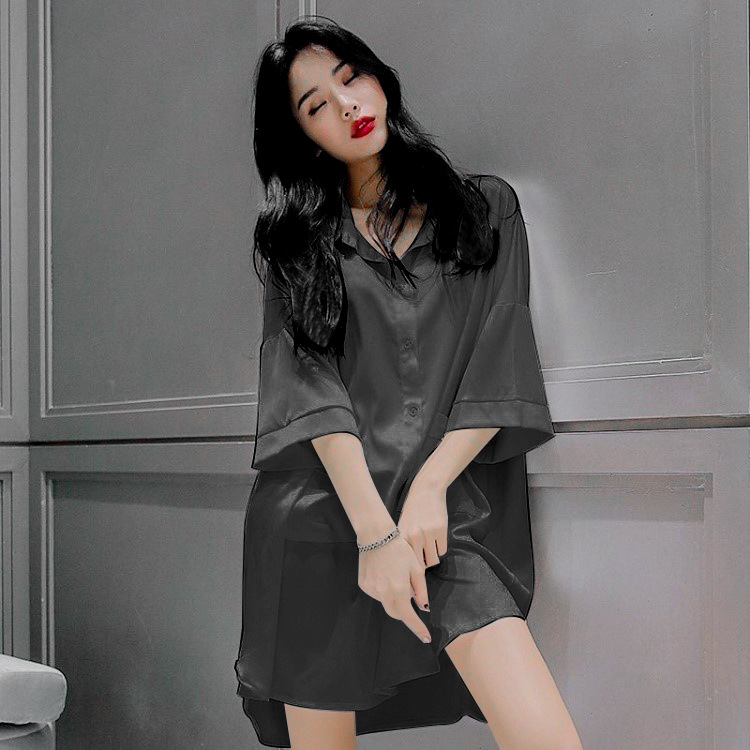 Pijama de verano mujer delgada suelta Chiffon novio camisa de viento seducción pijama mediano largo se puede usar ropa de casa