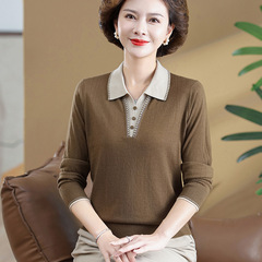 妈妈款春装长袖t恤中年女翻领打底衫50-60岁中老年人春秋薄上衣服