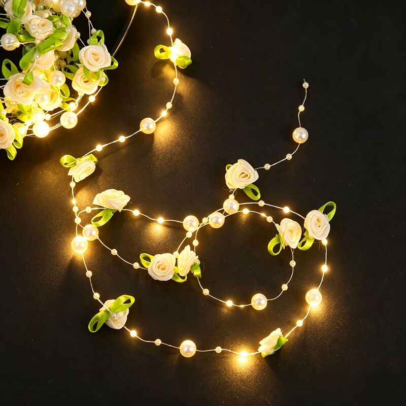 2m Green Leaf Rose String Light Gift Box Pearl Rose Door Curtain Window Curtain Decorative Lighted Garland