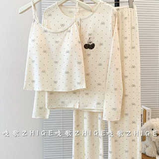 可爱少女满印碎花睡衣女春秋季吊带长裤三件套女士休闲舒适家居服
