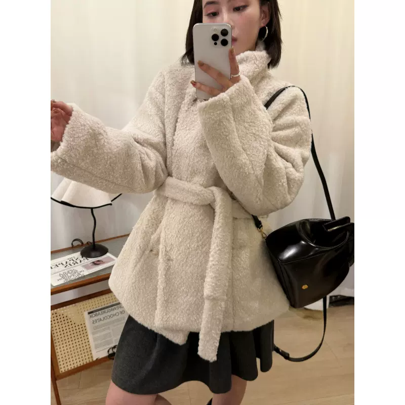 2025新款立领环保皮草女冬季皮毛一体小个子短款系带毛毛外套大衣