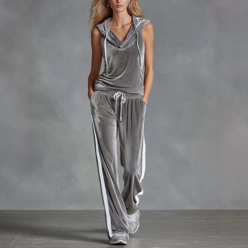 European and American Cross-Border 2026 Foreign Trade Fashion Set: Stylish Long Pants, Sleeveless Sports Casual Comfortable Hooded Velvet Two-Piece Set European and American Cross-Border 2026 Foreign Trade Fashion Set: Stylish Long Pants, Sleeveless Sports Casual Comfortable Hooded Velvet Two-Piece Set