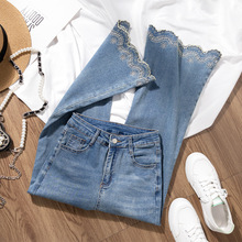刺绣花边微喇牛仔裤女秋季2025年新款高腰显瘦九分小个子喇叭裤子