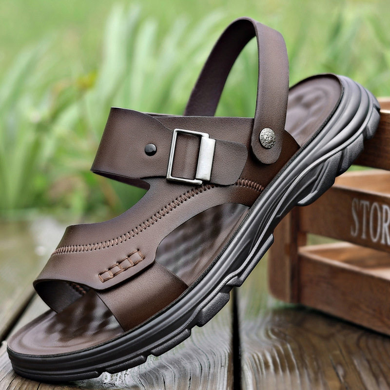 Dép sandal nam quai ngang đế bằng mềm nhẹ thoáng khí kiểu hai cách mang — Màu nâu, màu đen