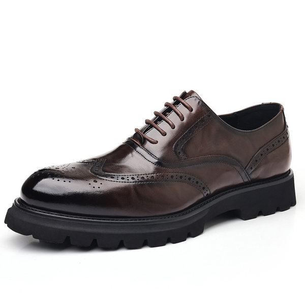 Giày da nam công sở kiểu brogue khắc hoa văn, da bò lớp đầu, đế cao su xốp nhẹ, dây buộc — Màu nâu, màu đen