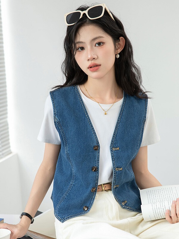 Real Shot of Denim Vest for Women 2025 New Summer Shirt Layered Vest Elegant Workwear Waistcoat Vest Jacket