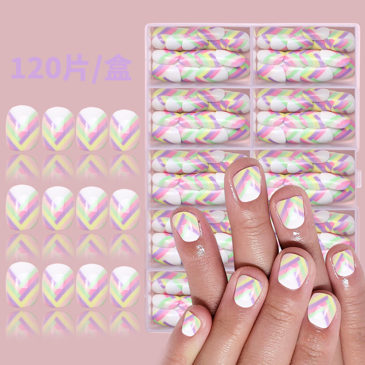 Nuevo niño impresión UV desgaste de uñas 120 piezas de caja de uñas falsas lindas dibujos animados mezclados parches de uñas