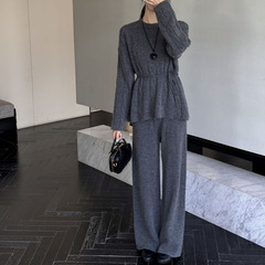 圆领麻花针织套装女2025秋冬新款系带套头上衣+宽松阔腿裤两件套
