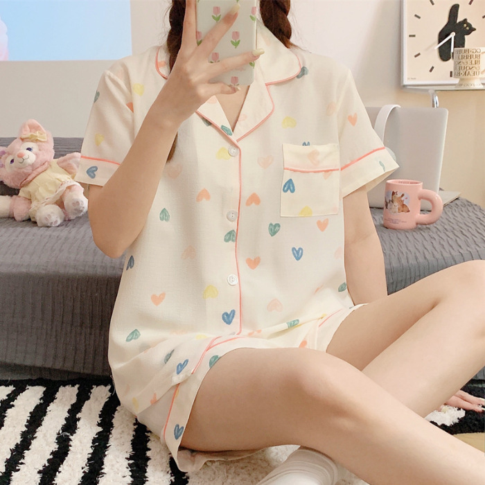 睡衣女夏季梭织泡泡棉皱布ins公主风可爱短袖夏天薄款家居服套装|undefined
