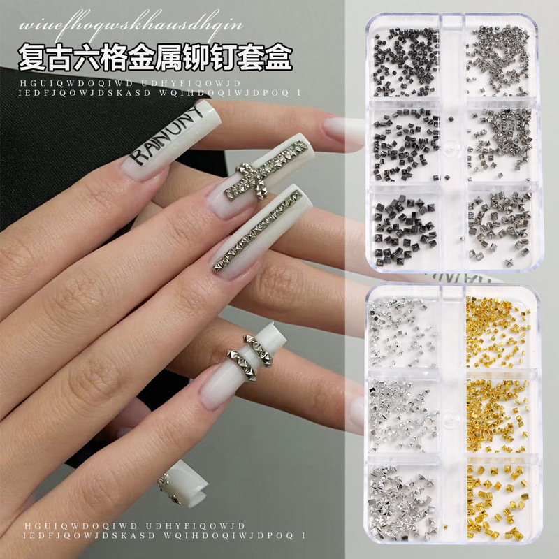 6-Grids Retro Punk Style Nail Art Accessories Round Pointed Cone Metal Rivet Accessories Gold and Silver Square Nail Decorations