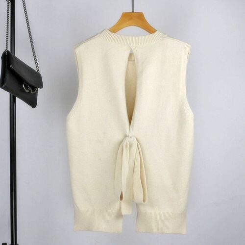 Women's Spring and Autumn New Solid Color Knit Cardigan Vest Top with Korean Style Back Ties, Fashion Simple Loose Matchable Shoulder Cardigan