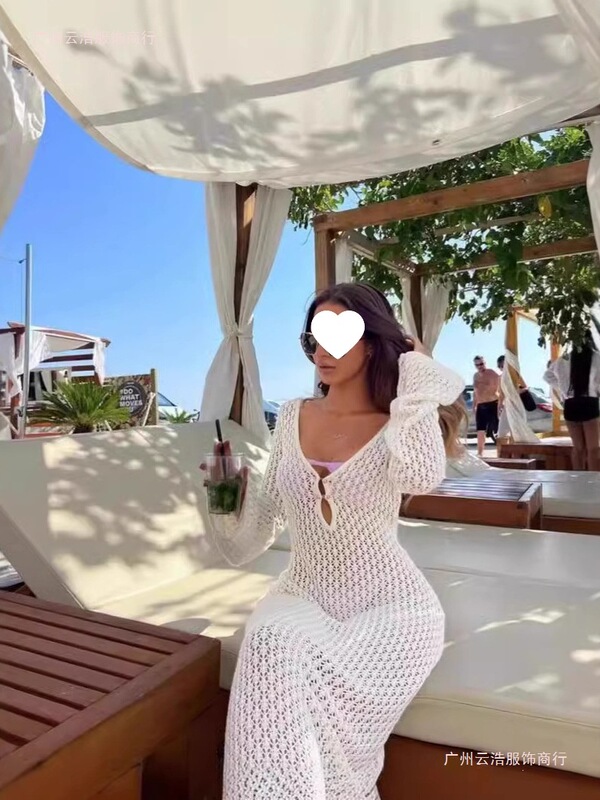 European and American Cross-Border Best-Selling Beach Vacation Bikini Cover-Up Hollow-Out Crochet Knit Long Dress with Long Sleeves European and American Cross-Border Best-Selling Beach Vacation Bikini Cover-Up Hollow-Out Crochet Knit Long Dress with Long Sleeves