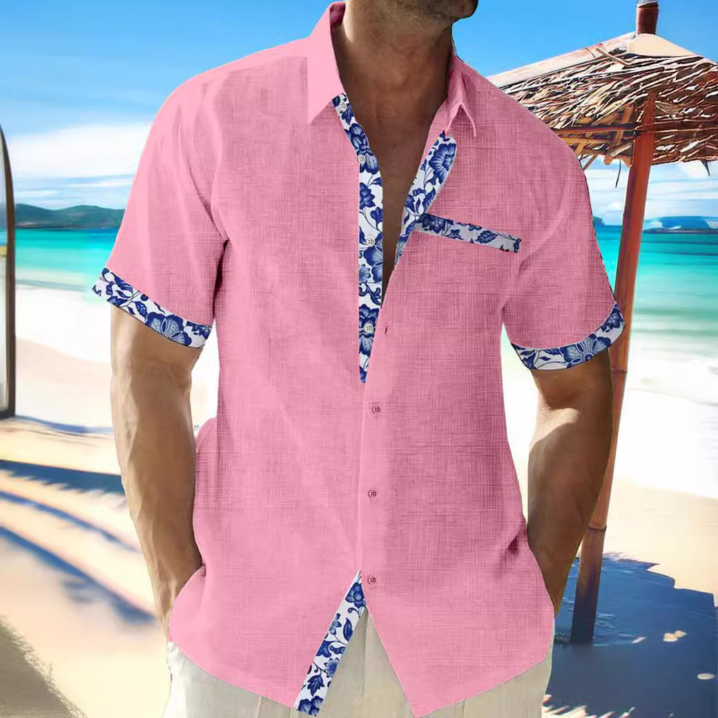 Cardigan décontracté à manches courtes pour hommes, chemise de plage hawaïenne à col Polo contrasté sur le devant, 2024, 2119_voghion.com