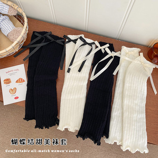 Women's knitted wool socks with bowknot jk solid color Japanese lolita ballet style dual-use arm sleeve long sleeve