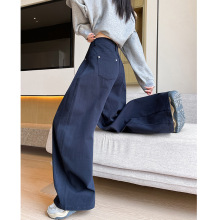 藏青色弯刀裤女2025新款春秋高腰宽松阔腿裤休闲裤显瘦美式牛仔裤