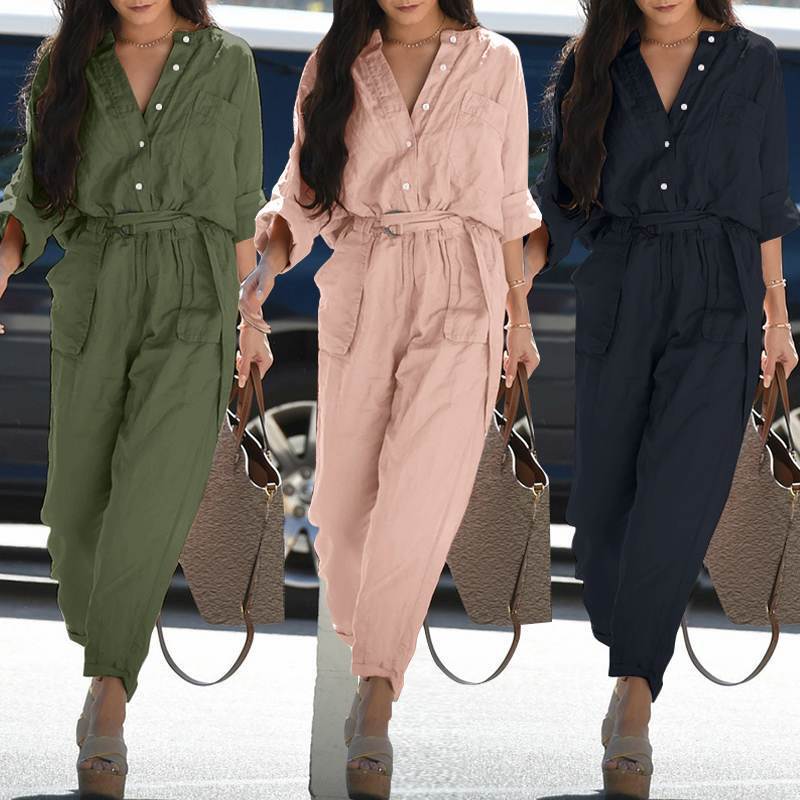 In-Stock 2023 Summer Amazon European and American Women's Casual Lapel Print Belt Workwear Jumpsuit