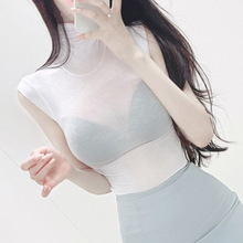 韩国代购正品 YE169性感微透显身材~女人味亲肤高领紧身无袖T恤se