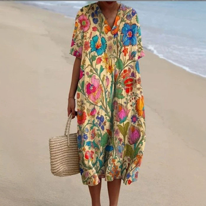 Summer European and American Style Retro Floral Print Babydoll Dress, Beach Outing Dress That Covers the Body and Makes You Look Slimmer, Casual Long Dress for Pregnant Women