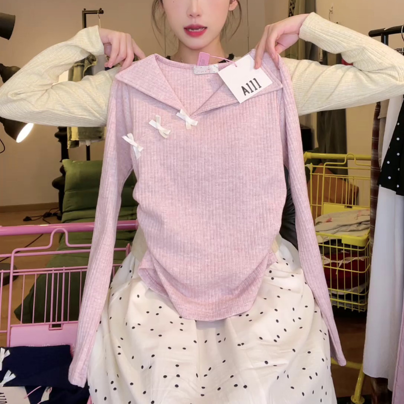 Korean Chic Sweet Bow Long-Sleeve Unique Top with an Instagram-Worthy Design, Slim-Fit and Flattering Base T-Shirt for Autumn and Winter Korean Chic Sweet Bow Long-Sleeve Unique Top with an Instagram-Worthy Design, Slim-Fit and Flattering Base T-Shirt for Autumn and Winter