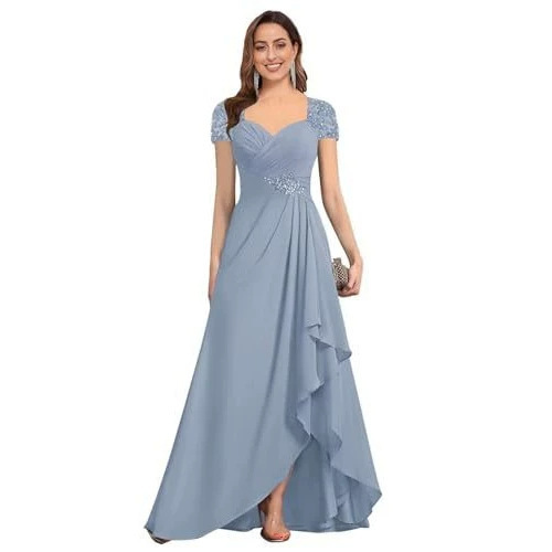 Foreign Trade Heavy-Duty Sequined Waist-Cinching Evening Dress for Women, Chiffon Ruffled Front-Short-Back-Long Bridesmaid Dress, Evening Party Long Dress