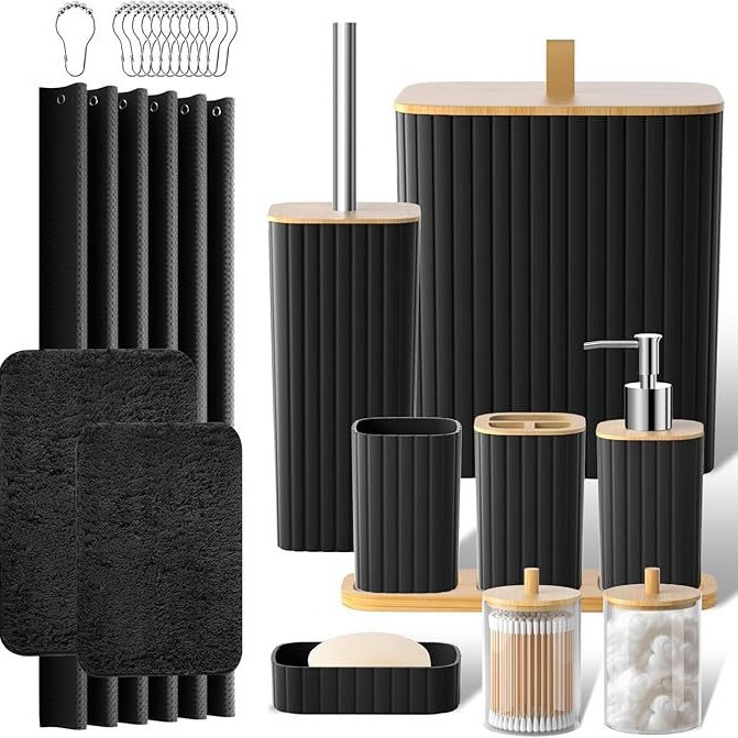 Yufei YUFE baño juego de 24 piezas con cortina de ducha tapete de piso juego de baño bote de basura de rayas cuadradas kit de venta caliente transfronterizo