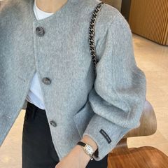 韩国chic秋冬法式感圆领单排扣宽松休闲百搭长袖毛呢外套女