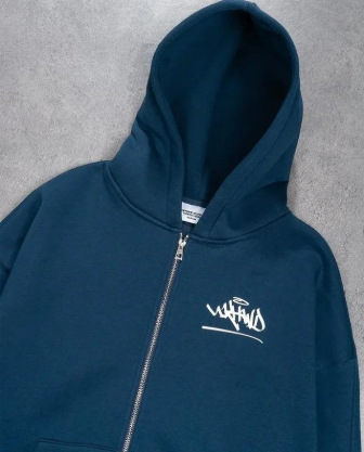 Damenbekleidung, Herren- und Damen-Trendiges Kapuzen-Zip-Jacket mit passender Jogginghose - Streetwear mit 2D-Print (Stahlgrau/Marineblau)_voghion.com