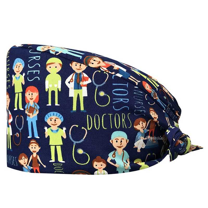 Gorro de Médico de Algodón Puro Estampado para Comercio Exterior, con Correa Ajustable con Botones, Absorbente de Sudor, Gorro de Dibujos Animados para Estudio, Gorro de Enfermera de UCI