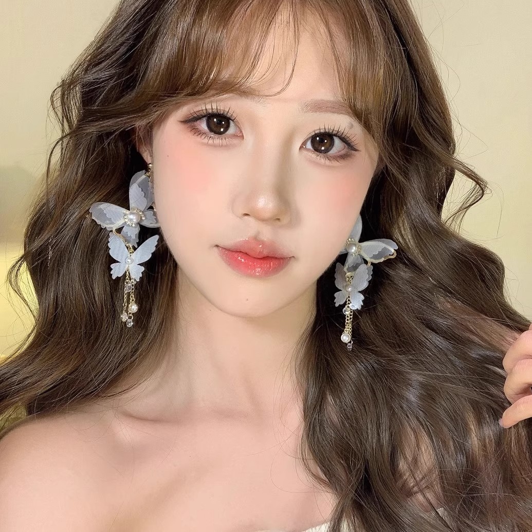 Super Fairy Butterfly Lace Rhinestone Pearl Earrings Feminine Tassel Necklace Accessible Luxury Niche Fresh and Sweet Accessories for Women