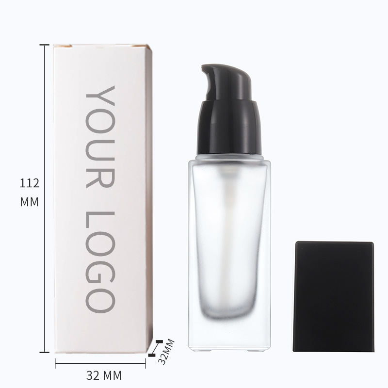 En stock 30ml botella cuadrada esmerilada base líquida botella de vidrio crema de protección solar loción cosmética sub-botella
