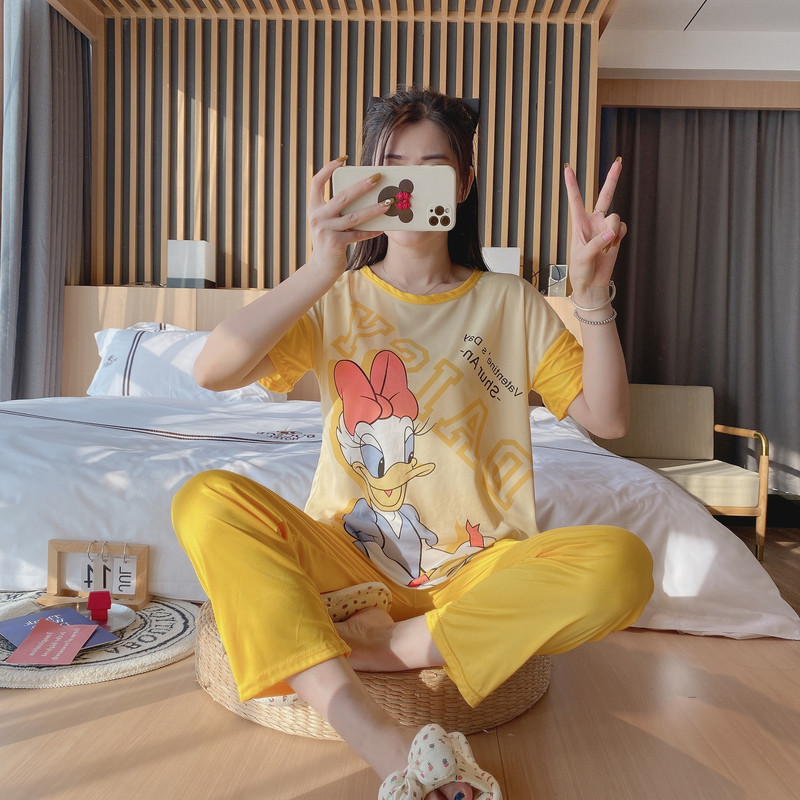 睡衣女春秋款5XL码新款短袖长裤女士印花可爱可外穿家居服套装|undefined