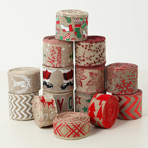Cross-border hot selling imitation linen Christmas ribbon decoration red khaki bow snowflake ribbon Christmas decorations