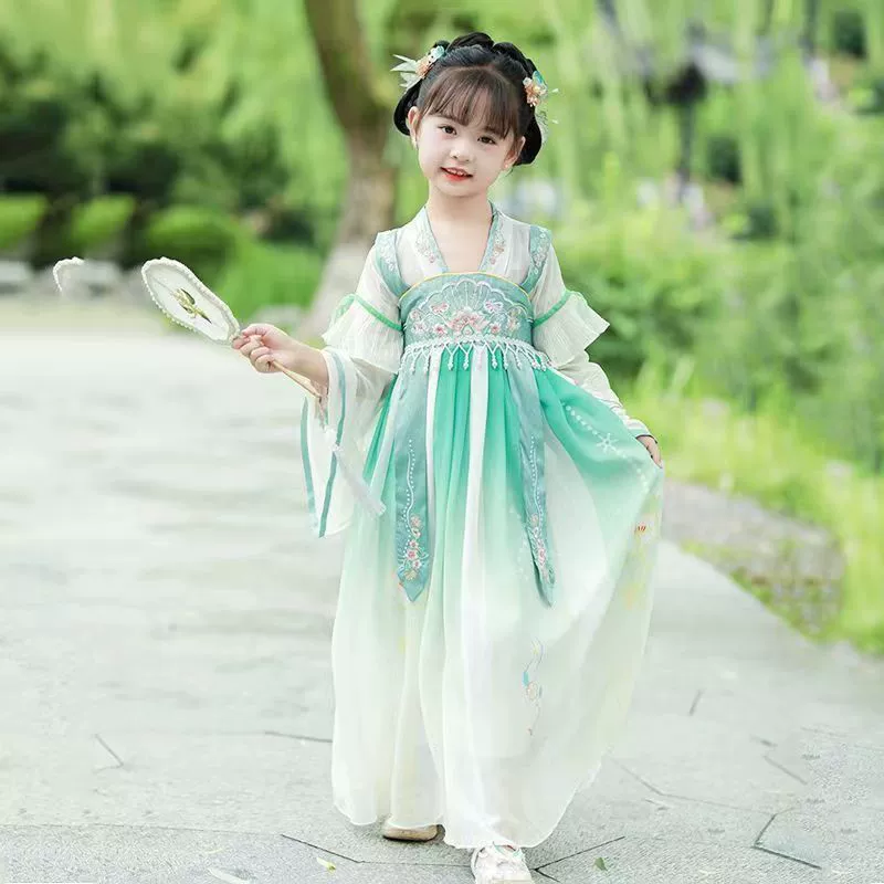 Hanfu Girl, весна и осень 2023, новое платье в древнем стиле, костюм Тан для маленькой девочки, детский древний костюм супер феи, летнее платье.
