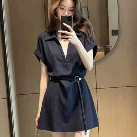 设计感通勤撞色拼接假两件短袖连衣裙2026夏季新款显瘦淑女短裙潮