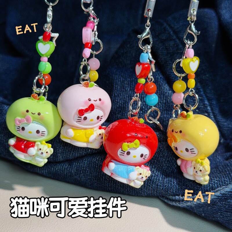 Cartoon 3D Apple Cat Phone Chain Colorful Cute Heart Beaded Kt Pendant Sweet Girl's Hanging Ornament Accessory Cartoon 3D Apple Cat Phone Chain Colorful Cute Heart Beaded Kt Pendant Sweet Girl's Hanging Ornament Accessory