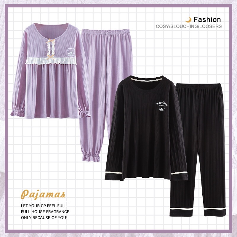 Pareja pijamas de algodón manga larga Otoño e Invierno traje los hombres color sólido flojo ocasional más tamaño vestir prendas exteriores homewear