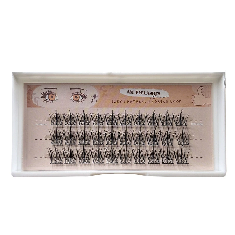 Dense realistic false eyelashes, cluster extensions, natural big-eye comic style