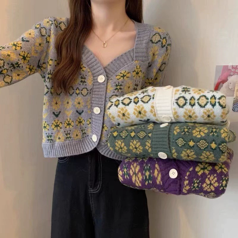 Винтажный цветочный короткий вязаный кардиган женский Осень и зима 2023 новый квадратный вырез свитер куртка жаккардовый Топ